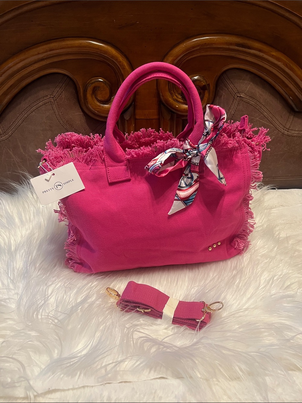 Pretty Simple NWT Hot Pink Fringe  canvas Tote with Scarf Accent